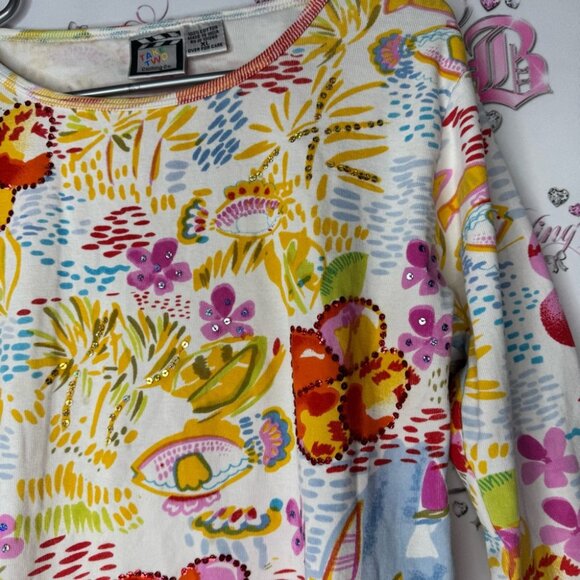 Take two clothing co sequin top paint water color sparkly fish tropical beach - Picture 5 of 10